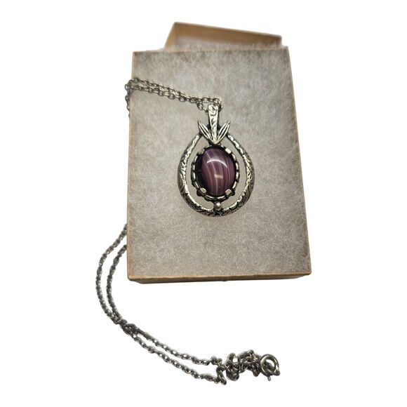 Celtic Purple Agate Pewter Necklace Fillagree Detail - Picture 1 of 6